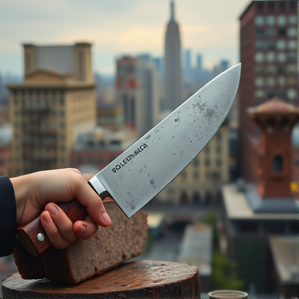 Bologna thick  cut with machete, New York in background