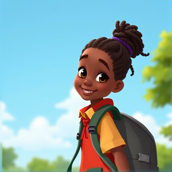 Jeune écolière africaine de huit ans, coiffée de tresses africaines , souriante, portant un uniforme d'école coloré et tenant un cartable robuste sur le chemin de l'école sous un ciel clair matinal