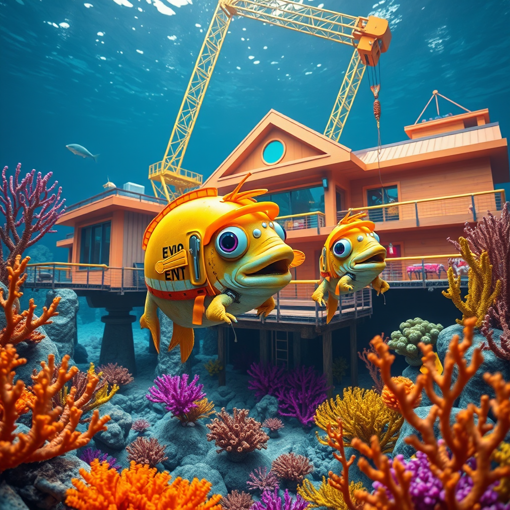 Anthropomorphic fish dressed in construction gear working on an underwater villa, utilizing cranes and tools, surrounded by coral decorations and vibrant sea plants
