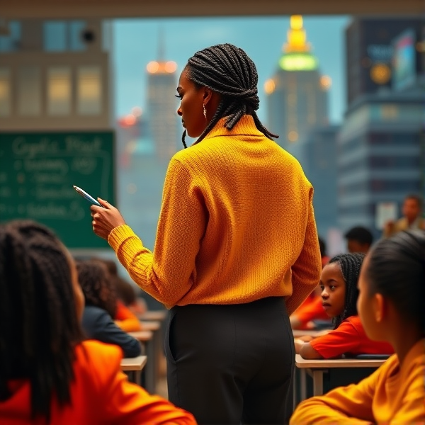 Une institutrice noire âgée de quarante avec des tresses africaines ans vêtue d'un pull jaune le dos tourné écrivant au tableau dans une salle de classe avec des élèves noires agés de huit ans