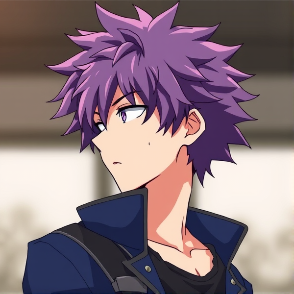 My hero academia oc. Purple fluffy hair. Male. Side view. Half body