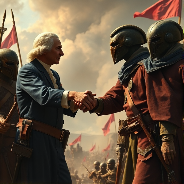 George Washington shaking an aliens hand during wartime and violence