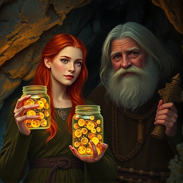 Red haired Caucasian Arthurian princess holds a jar of glow worms in a cave with a plump elderly male monk