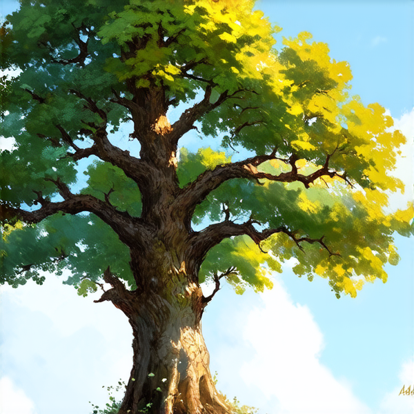 majestueux chêne centenaire aux feuilles vertes luxuriantes, éclairé par une douce lumière dorée du matin, ciel bleu clair en arrière-plan avec quelques nuages légers