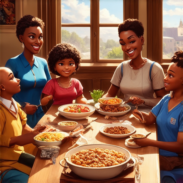 Repas de famille afro-américaine chaleureux et convivial, avec un grand assortiment de plats traditionnels soul food sur une grande table en bois, entourée de membres de la famille riant et partageant des moments ensemble dans une salle à manger bien éclairée et décorée pour l'occasion