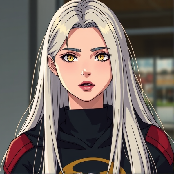 Une jeune femme de 22 ans, avec des cheveux longs, lisses et blonds platines, elle a des yeux dorés et elle est dans le style de my hero academia