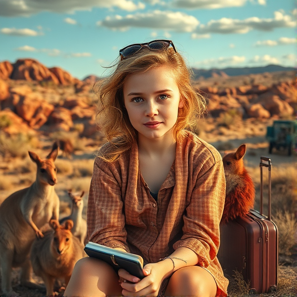 A young woman, with the golden sun-kissed skin and tousled hair of an Australian outback native, sits surrounded by the rugged beauty of her small town's wilderness. Her curious eyes reflect a childhood spent amongst kangaroos and emus, learning nature's secrets. Transitioning from the wild landscapes to the halls of academia, she is depicted as a dedicated student, burning the midnight oil with textbooks sprawled around her. Now a proud graduate in medical regalia, she holds her cardiology degree aloft with a look of triumph and determination. In the final scene, we see her answering an important phone call, suitcase at her side, ready to embark on a plane to America upon her brother Sam Crow's request