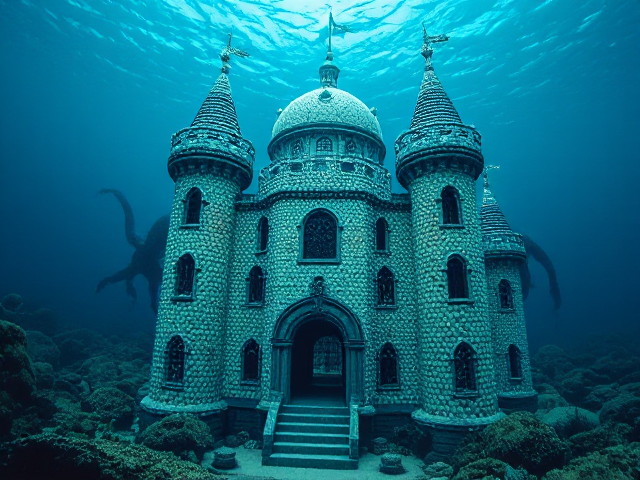 A beautiful underwater castle covered in pearls, with terrifying sea creatures behind it surrounding the back.