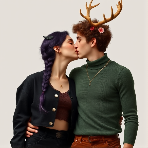 A woman with fair skin and dark dark purple hair braided into a single braid. She has short small black horns that barely poke out past her hair. She has a gold necklace. She wears a cropped black jacket with silver buttons, a brown crop top underneath, and high waist black pants. Next to her is a pale skinned man, slightly taller than her, with short brown very curly hair. He has deer antlers with flowers on then and a deer nose. He has a silver necklace. He wears a green turtleneck and brown pants. They are in love, kissing one another like it's the last time they're ever going to see eachother again