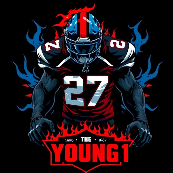 Fantasy football make me a monster called the young 1 and make a logo at the bottom called The Young 1 make the logo bigger background black with flames of red and blue
Add a football jersey with the number 27 make jersey name KENT add an American flag on the helmet red white and blue jersey