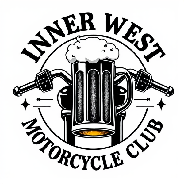 Create a detailed emblem for the "Inner West Motorcycle Club" featuring an intricate pairing of motorcycle handlebars and a frothy beer mug as central elements, with bold Gothic or vintage lettering of the club name encircling the design. The aesthetic should evoke a sense of camaraderie and adventure, characteristic of biker culture. Make it more hipster and slightly more detailed