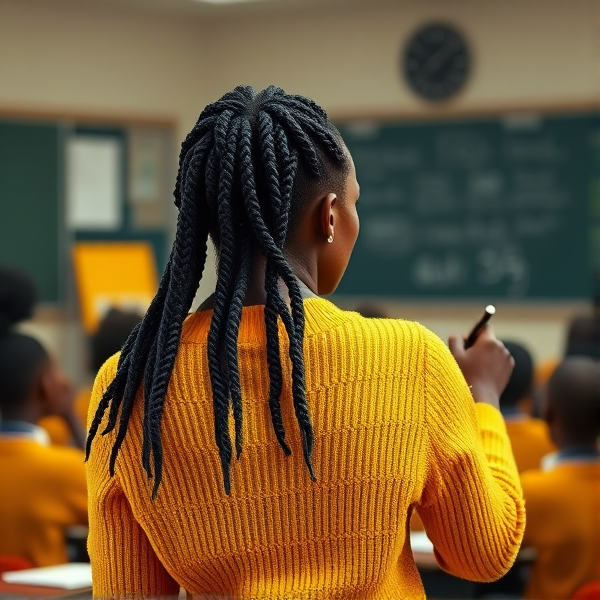 Une institutrice noire âgée de quarante ans vêtue d'un pull jaune avec des tresses africaines le dos tourné écrit au tableau dans une salle de classe avec des élèves noires agés de huit ans