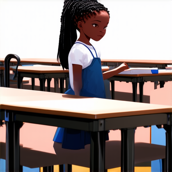 petite fille noire de 10 ans avec des tresses africaines  dans une salle de classe avec des cahiers en main devant un tableau noir