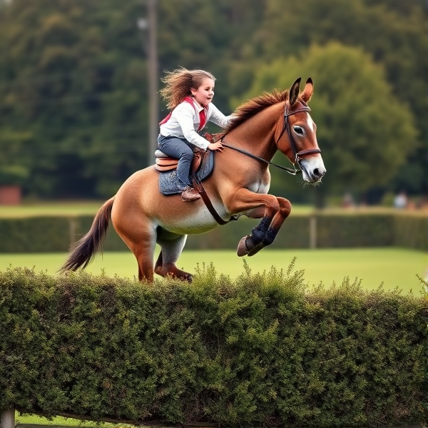 girl jumping a donkey with a saddle over a hedge jump