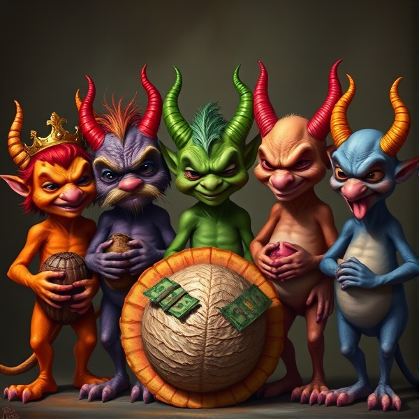 7 little imps who embody the 7 deadly sins. Pride is an orange imp who wears a crown. Wrath is a red imp with fiery horns. Greed is a purple imp who holds bags of money. Envy is a green imp who side eyes the other imps. Gluttony is a yellow imp who devours a whole turkey. Lust is a pink imp who sticks his tongue out seductively. Sloth is a blue imp with a tired expression. They all stand side by side.