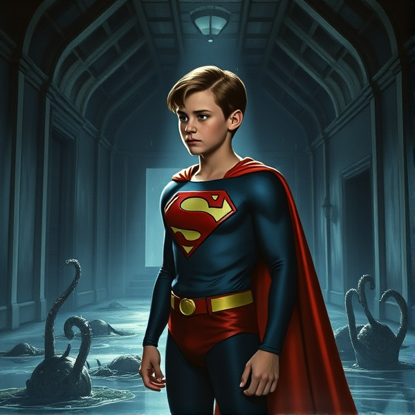 1990's Movie Scene: Jon Kent, AKA Superboy, the young little 12-year old super son of Superman, and the first kid to be born as the world's first Half-Kryptonian child, with an extremely muscular body, the iconic costume, the singular curled bang sticking out at the front of his flat and smooth hair, and a long cape, standing in an abandoned house at night, looking for clues to the mystery he is trying to solve.