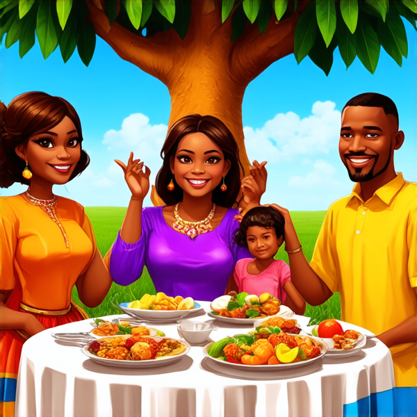 Un grand repas de famille traditionnel en plein air sous un baobab en Afrique, avec des plats locaux colorés et variés, des fruits exotiques, une grande nappe colorée, des hommes et femmes africains vêtus de tenues traditionnelles multicolores souriants et partageant un moment convivial