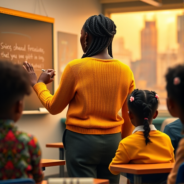 Une enseignante noire âgée de quarante ans coiffée de tresses africaines traditionnelles, portant un pull jaune  se tient le dos tourné en train d'y écrire à la craie blanche au tableau dans une salle de classe avec des élèves noires agés de huit ans.
