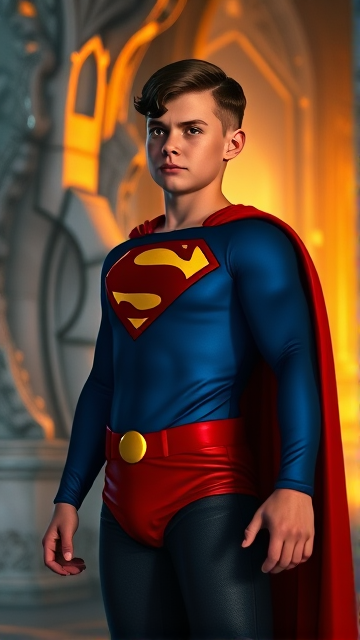 1990's Movie Scene: Jon Kent, AKA Superboy, the young little 12-year old super son of Superman, and the first kid to be born as the world's first Half-Kryptonian child, with an extremely muscular body, the iconic costume, the singular curled bang sticking out at the front of his flat and smooth hair, and a long cape, standing in his secret icy crystal lair in the Arctic, the Fortress Of Solitude, ready for action as he prepares to take flight for the first time so he can honor his deceased father's legacy and fulfill his destiny.