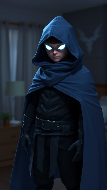 A little 12-year old boy hero named Connor Bardley, but transformed into a mysterious blackened and shadowy figure with superpowers, powerful magic, and ghostly abilities wreathed and concealed in a big blue hooded cape draped around his obscured body, calling himself The Phantom, a mysterious superhero devoted to defending the mortal world from all manner of supernatural evil, and is the most powerful ghost hunter on the planet. His face is magically kept hidden in the shadows, with the only thing visible being a pair of glowing, eerie white eyes, and no matter how much light shines on him, his features always stay shrouded in the darkness of his cape, and his hood stays magically adhered on his head and cannot be removed by anyone or anything, which helps protect his true identity in this form. The young heroic cloaked figure is seen standing in his bedroom at night, his transformation complete, and is now ready for action.
