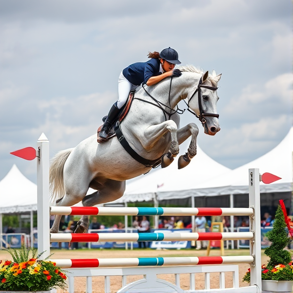 lady jumping a white horse with grey dapples over a big showjumping jump in competition