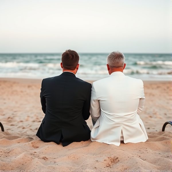 Two men in black and white suits sitting on the beach from behind