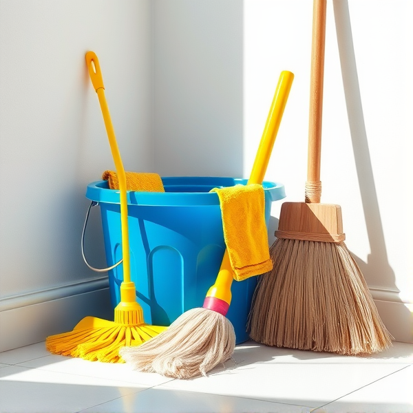 A meticulously arranged cleaning corner in a brightly lit room, featuring a shiny blue bucket filled with crystal-clear water, a neatly folded yellow mop resting beside it, a stiff-bristled scrub brush, and an upright broom with clean, natural straw bristles set against the wall. Soft shadows accentuate the textures of each object and the clean, tiled floor reflects the ambient light