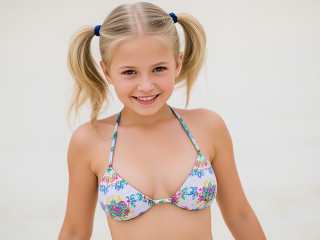 Young blonde girl with pigtails in a bikini