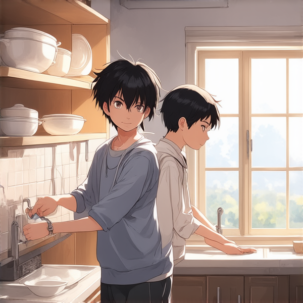 deux adolescents noirs de 14 ans vêtus de vêtements décontractés effectuant avec entrain des tâches ménagères dans une cuisine lumineuse et propre, leur petite sœur noire de 7 ans les aidant joyeusement à ranger la vaisselle propre sur les étagères, fenêtre ouverte laissant entrer la lumière du jour