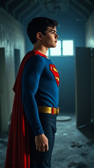 1990's Movie Scene: Jon Kent, AKA Superboy, the young little 12-year old super son of Superman, and the first kid to be born as the world's first Half-Kryptonian child, with an extremely super muscular body, the iconic costume, the singular curled bang sticking out at the front of his flat and smooth black hair, and a long cape, standing in an abandoned house at night, looking for clues to the mystery he is trying to solve.