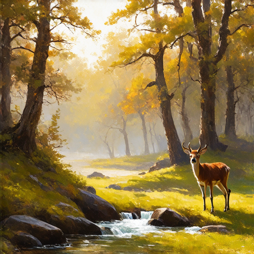 A serene forest glade bathed in the golden light of a setting sun, with ethereal wisps of mist rising from the forest floor, deer grazing peacefully, ancient trees towering overhead, their leaves rustling gently. In the distance, a hidden waterfall cascades into a crystal-clear stream. The scene is rendered in an impressionistic style with vibrant brushstrokes.