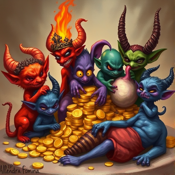 Seven diminutive imps personifying the seven deadly sins in a whimsical, fantasy style: an imp with prideful demeanor, bathed in orange hues and adorned with an elaborate crown signifying its sin. A wrathful imp, crimson as smoldering embers, sporting menacing fiery horns that blaze upwards. An imp engulfed by greed, its violet form reclining on a mountain of gleaming gold coins, eyes alight with insatiable desire. Envy manifests in a viridian imp whose gaze is fixated with covetous side-eyes upon its companions. Gluttony is captured by a rotund, sallow imp indulging in the excesses of feasting on an oversized turkey leg. Lust is suggested through a cerise-hued imp with a coquettish expression and tongue teasingly protruding. Lastly, sloth is represented by a languid azure imp sprawled indolently upon the ground, lost in slumber
