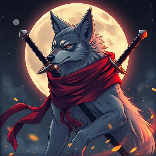 Loup roublard maitre de la lune avec un écharpe rouge autours du cou et avec deux épées dans le dos