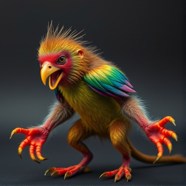 An imaginative creature that combines the body of a kiwi bird, prehensile limbs of a monkey, adorned, vivid colors and captured in a dynamic and spirited pose