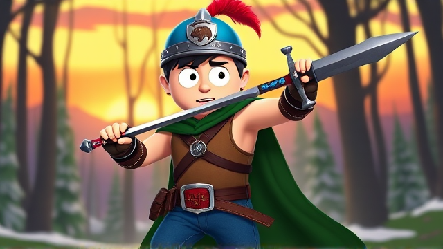 3D CGI: Stan Marsh from South Park, light skin and black hair, but as a 14-Year Old teenager with an extremely muscular torso, dressed as a medieval knighted warrior with a light brown tank top, a black belt with a red buckle adorned with a castle emblem, with a few pouches and the scabbard for his sword attached to it, blue jeans, steel armored boots, jeweled wrist cuffs, a big and long green cape, and a blue helmet with one silhouetted buffalo head emblem on both sides, outlined by silver steel rims lined around and across the top, with a long red feather sticking out at the top, now known as Sir Marsh. Despite still being a teenage kid, he is the Youngest Commander of the Zaronian Army, and one of the youngest and greatest heroes hailing from South Park, Colorado, but now reborn as the real life Kingdom of Kupa Keep, Zaron. His weapon is the legendary enchanted sword called the Slashing Blade Of The Ranger, which he swings with pride as he slashes his enemies down to size. The young teenage warrior knight is currently in a dark forest, engaged in a sword fight against a goblin.