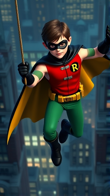 Movie Scene: A medium, preteen 12-year old boy with light skin and dark brown hair named Connor Bardley, but dressed as Robin, The Boy Wonder, with an extremely muscular body, a sleek green suit with a red torso with a black circle with a yellow R symbol on his left pectoral, a gold utility belt, black boots, black long-cuffed gloves, a big, heel-length, ultra-wide cape that's black on the outside and yellow on the inside, and a black eye mask, swinging from a rope clutched in his left hand through the city at night, ready to fight crime and save the day.