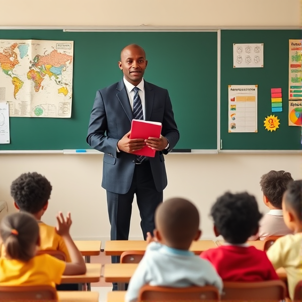 Directeur d'école afro-américain debout tenant un classeur dans ses mains portant un costume formel, dans une salle de classe avec un tableau vert, s'adressant  à un groupe d'élèves afro-américaines attentives de huit ans assises à leurs pupitres. Ils sont entourés de matériel pédagogique adapté à leur âge, comme des cartes géographiques, des affiches éducatives et des dessins d'enfants accrochés aux murs. La scène dégage une atmosphère chaleureuse et encourageante.