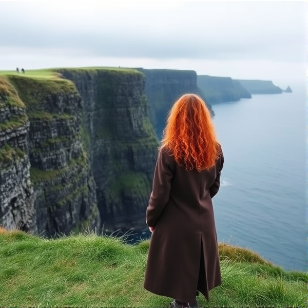 Cliffs of Moher very calming with girl facing other way in a long coat and she has very beautiful red curly hair. The sky is grey and the grass is green with very blue water
