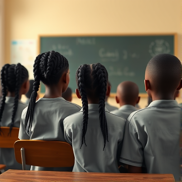 des écolières noires avec des tresses africaine et garçons assis dans une classe face au tableau