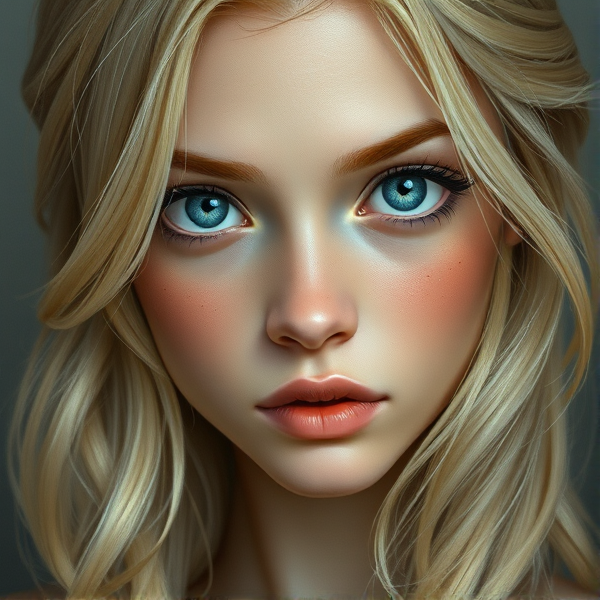 blonde teen, big blue eyes, a few light freckles