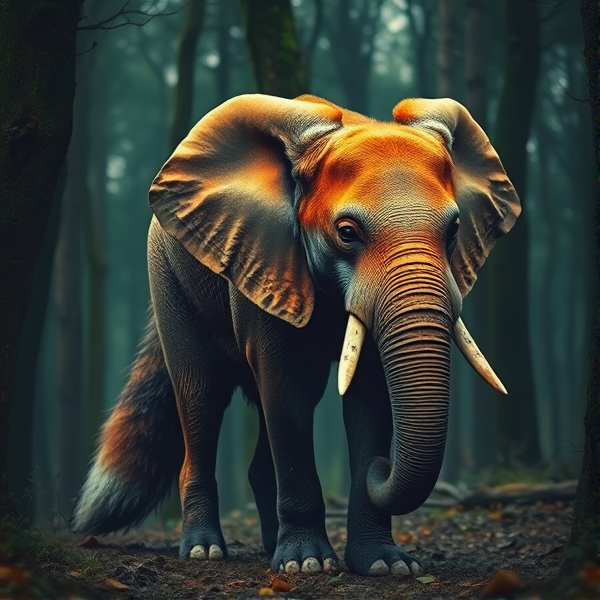majestic fox with the textured skin of an elephant, standing in a mystical forest