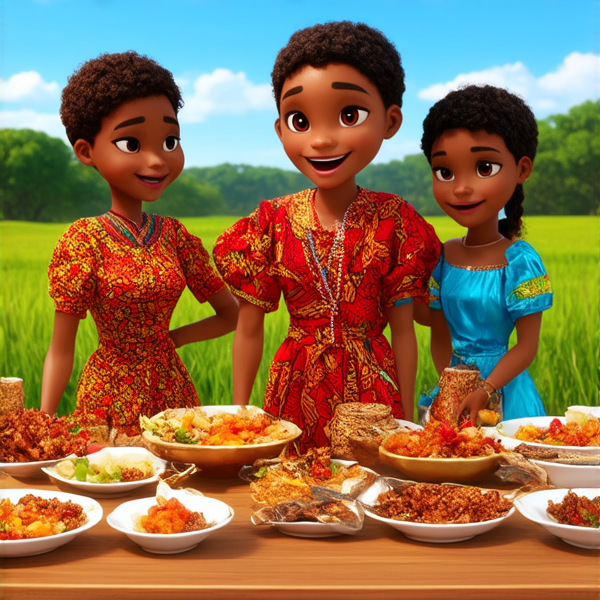 Famille nombreuse souriante réunie autour d'une table rustique en bois garnie de plats traditionnels africains, sous un ciel bleu dans un cadre champêtre avec des arbres et une végétation luxuriante, portant des vêtements africains colorés et variés, échangeant des rires et des conversations chaleureuses