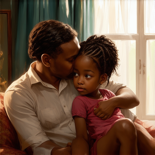 An 8-year-old African girl with intricate traditional braided hair, sitting comfortably on her mother's lap, both exuding a warm and nurturing atmosphere. The mother is depicted as loving and protective, embracing her daughter in a cozy, homelike setting and there are his father also with her