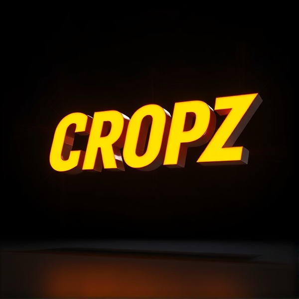 Highly detailed, high-contrast 3D logo of "CROPZ" in stylish sans-serif and bold font, leaping from a dark backdrop with dramatic illumination by the Capcut app logo. Accentuating futuristic curves, smooth metallic textures, excitement, and dynamism. Rendered in a vivid and vibrant Pixar-animation style with crisp lines and geometric shapes, utilizing Unreal Engine, Octane Engine, and V-Ray techniques. The overall aesthetic is exaggerated, surreal, sci-fi inspired, and eye-catching