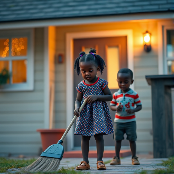 Une petite fille noire âgée de huit ans et ses deux frères balayant leur maison