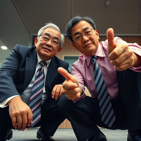Deux hommes d affaires japonais senior accroupis qui regardent la caméra 
Chemise rose foncée et longue cravate rayée large. Businessmen snaps their fingers 

Vue contre-plongée