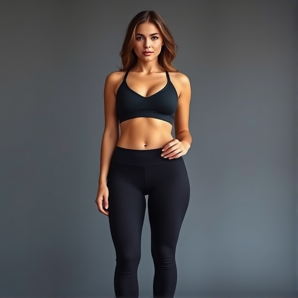 Graceful young woman with a strikingly curvaceous silhouette, featuring pronounced thighs, wide hips, toned and strong legs, an extraordinarily voluptuous chest paired with a remarkably slender waistline, dressed in skin-tight leggings and a supportive sports bra that accentuate her figure