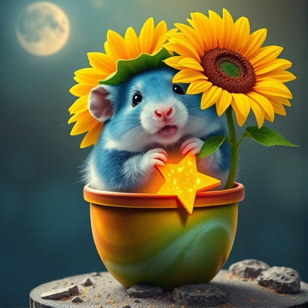 Hamster in a flower pot as a plant bulb with sunlight and blue galaxy fur with a sunflower plant hat on the moon eating a star in realism