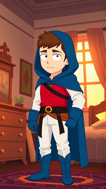 Clyde Donovan from South Park, light skin and brown hair, but as a 14-Year Old, dressed as a medieval prince with a red shirt with white sleeves, a black belt with a gold buckle, white pants, blue boots, blue long-cuffed gloves, and wreathed in a big blue hooded cape, now known as Prince Donovan. Despite still being a kid, he is the Youngest Ruler of South Park, Colorado, but now reborn as the real life Kingdom of Kupa Keep, Zaron, and Prince Donovan is its youngest and greatest hero. The young teenage prince of Kupa Keep is currently standing in his bedroom in his new home of Kupa Keep Castle, preparing to set out for adventure.