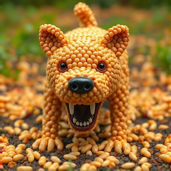 A fierce dog made of beans